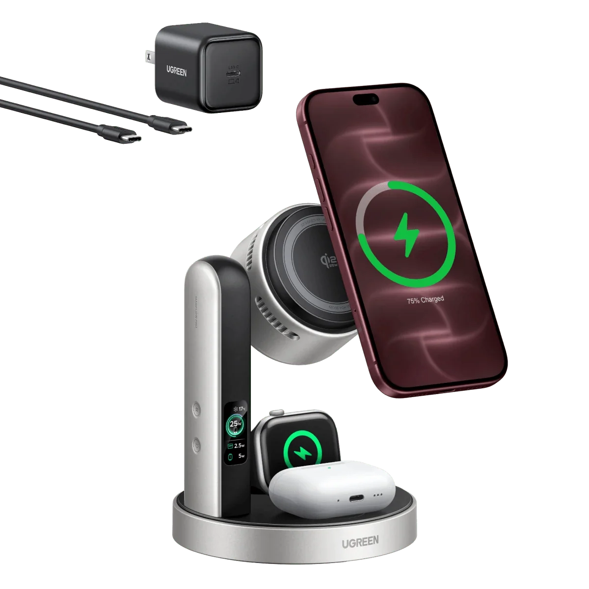 UGREEN MagFlow Pro Qi2 25W 3-i-1 trådløs oplader