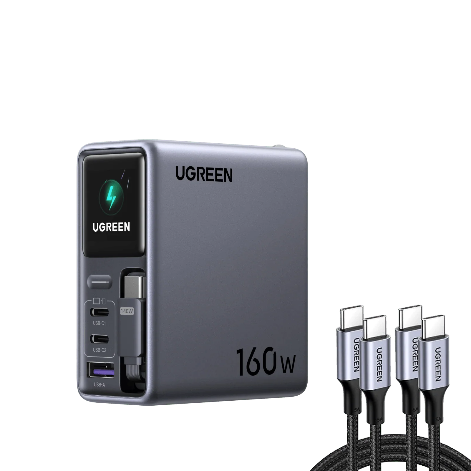 Carregador retrátil UGREEN 160W + cabo 100W, embalagem de 2 unidades