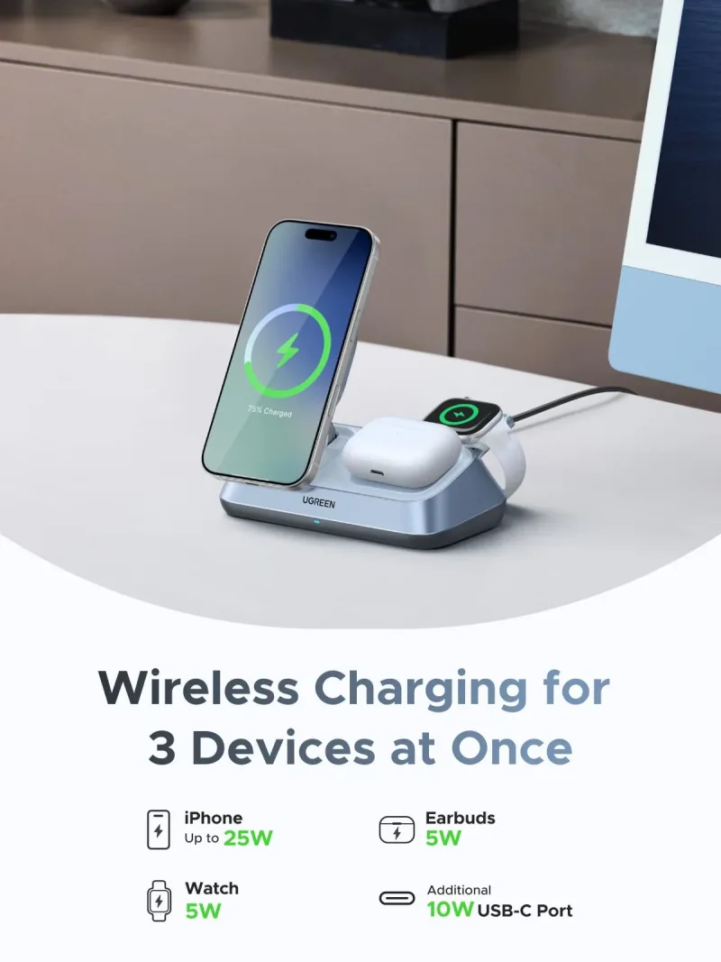 UGREEN MagFlow 3-in-1 -magneettilaturi (Qi2 25W, MagSafe-yhteensopiva)