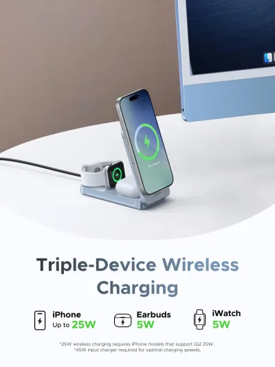 UGREEN MagFlow 3-in-1 magneettinen langaton laturi (Qi2 25W, MagSafe-yhteensopiva)