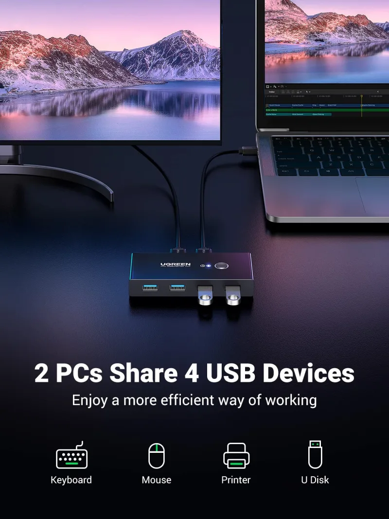 UGREEN USB 3.0 Switch 4-Port Dengan 2 Pack Kabel USB Male