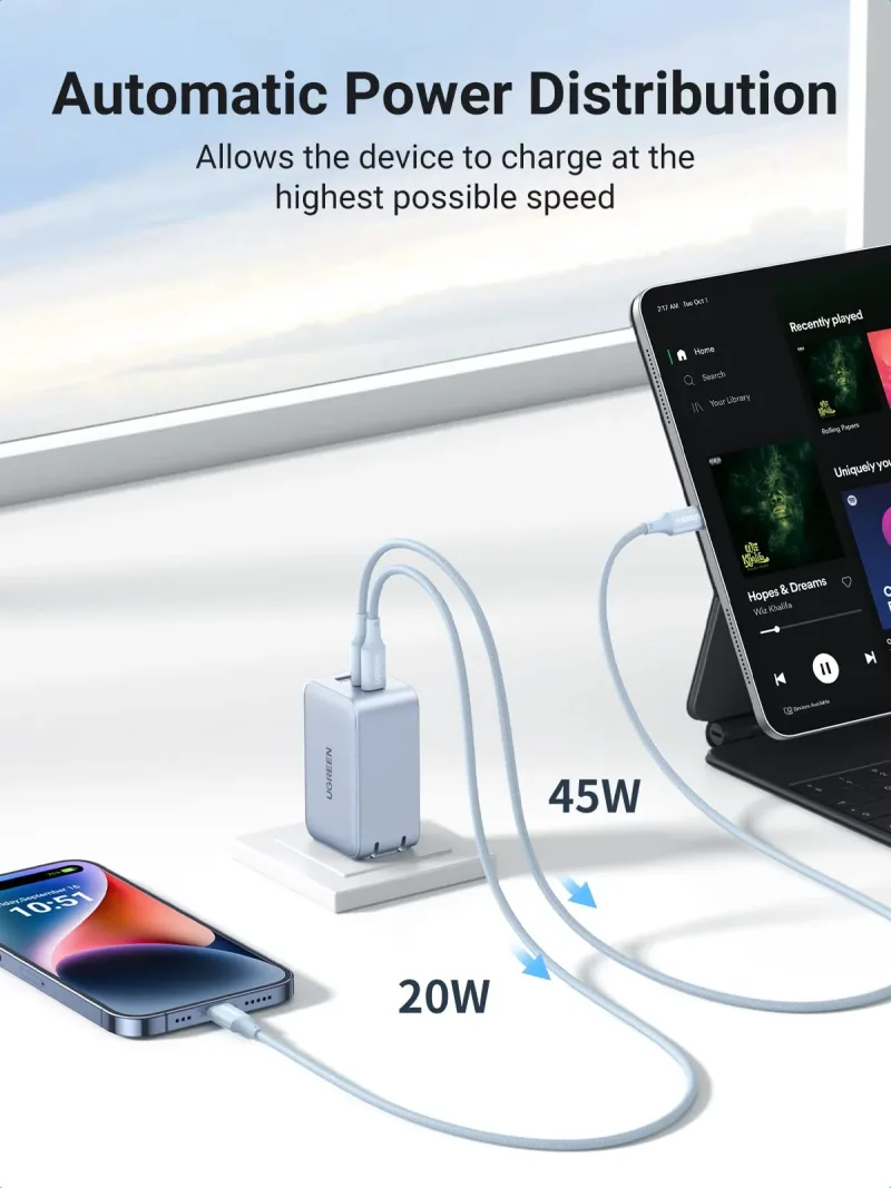UGREEN Nexode 65W USB C GaN Oplader-3 Porte Vægoplader Bundle