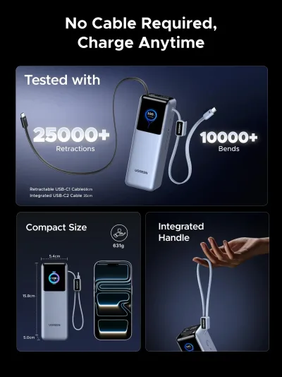 UGREEN 200W Powerbank 25000mAh Snabbladdning med inbyggd kabel