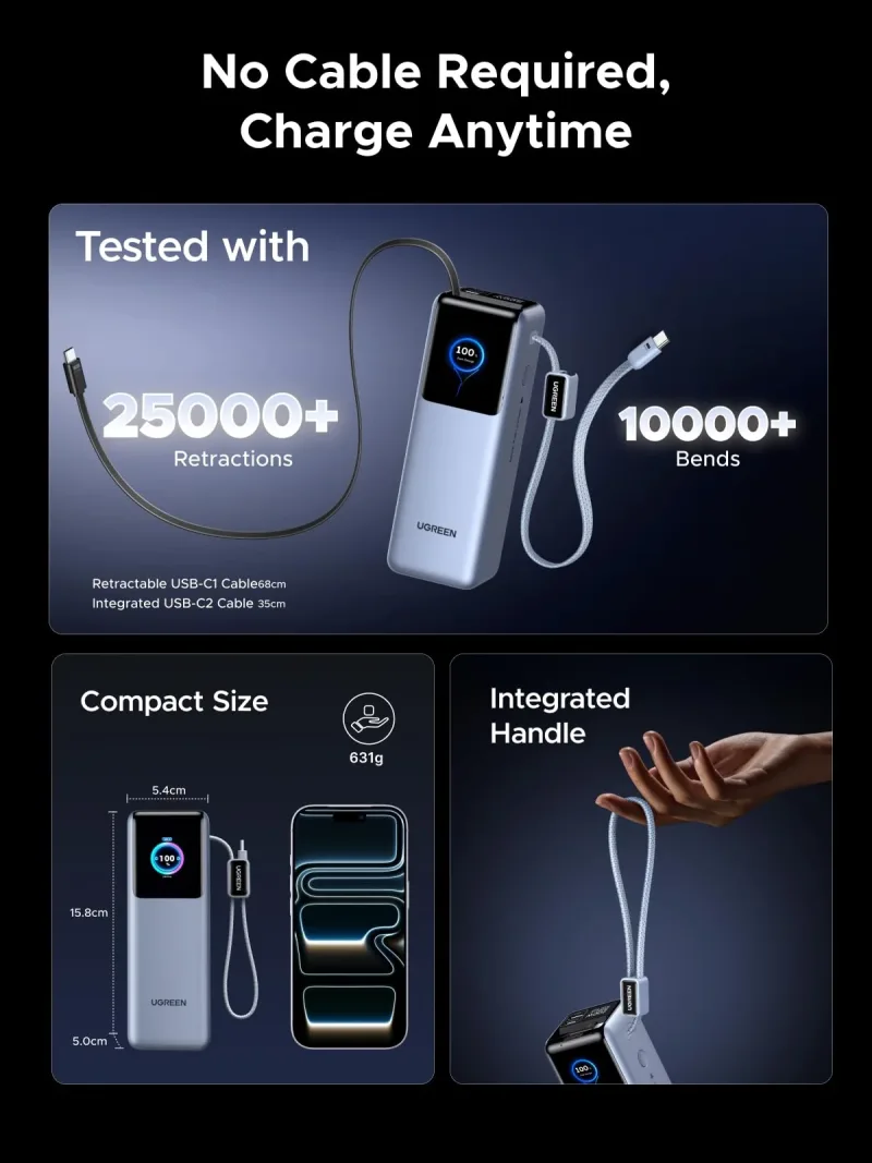 UGREEN 200W Powerbank 25000mAh Snabbladdning med inbyggd kabel