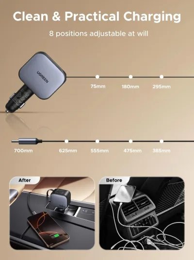 UGREEN Nexode biloplader 145W med indbygget USB-C-kabel