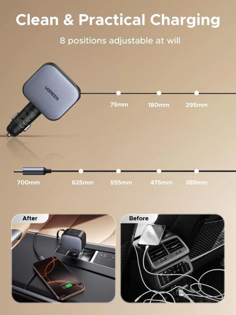 UGREEN Nexode biloplader 145W med indbygget USB-C-kabel