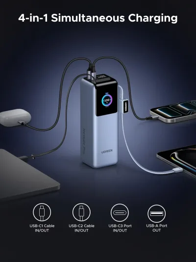 UGREEN 200W Powerbank 25000mAh Snabbladdning med inbyggd kabel