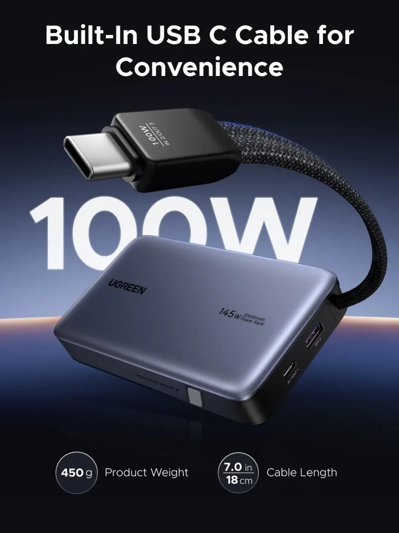 UGREEN Nexode Power Bank 20000mAh 145W med indbygget USB-C-kabel