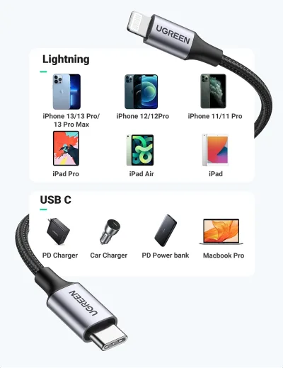 UGREEN 20W USB-C till Lightning-kabel 3,3 ft
