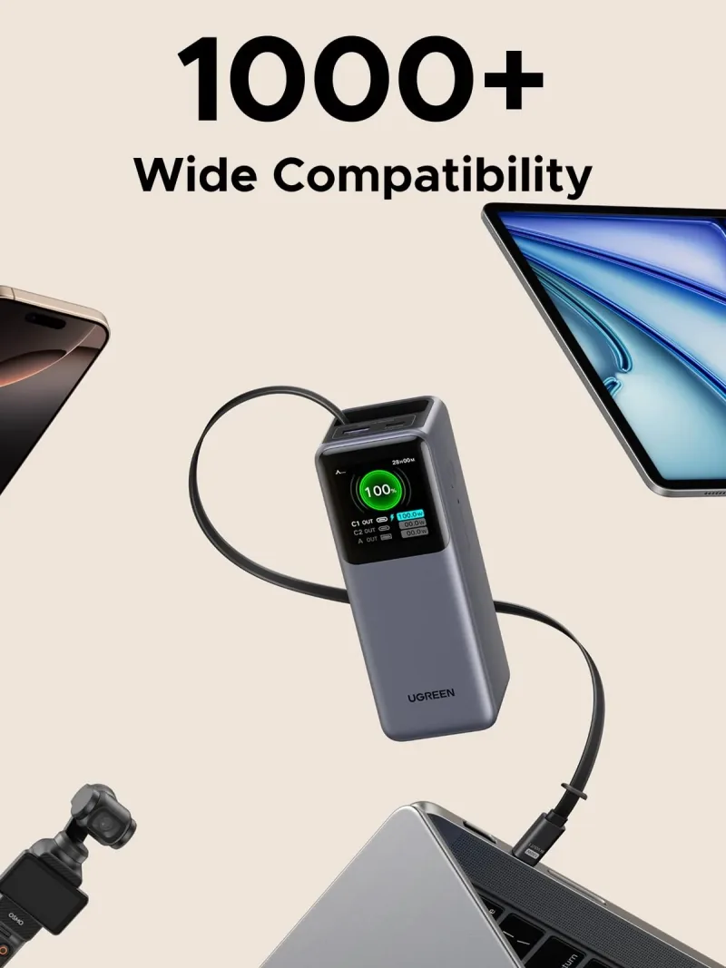 (번들) UGREEN Nexode 20000mAh 165W 보조배터리 + 100W 리트랙터블 USB-C 케이블