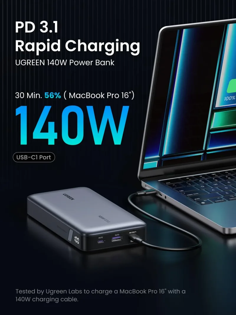 (Conjunto) Power Bank 145W + Cabo USB-C 100W de 3,3 pés, 2 unidades