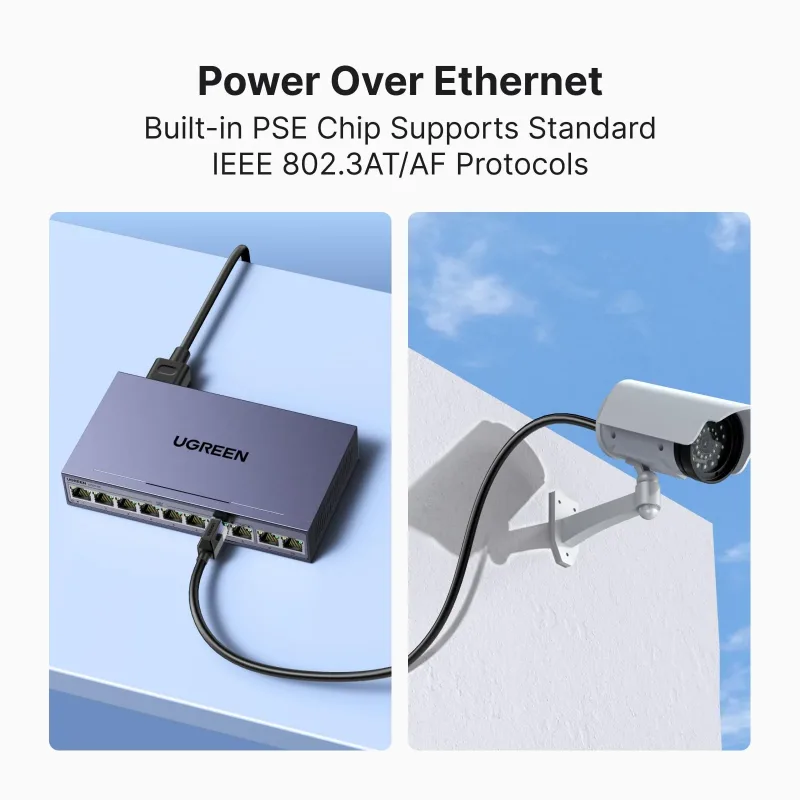 UGREEN Ethernet-switch, 10-port PoE-switch, 8 PoE+@60W og 2 Gigabit Uplink, Plug & Play, Auto/VLAN/Extend-tilstand, robust metal, netværkssplitter-hub til skrivebord eller vægmontering til overvågningskamera, IP-telefon
