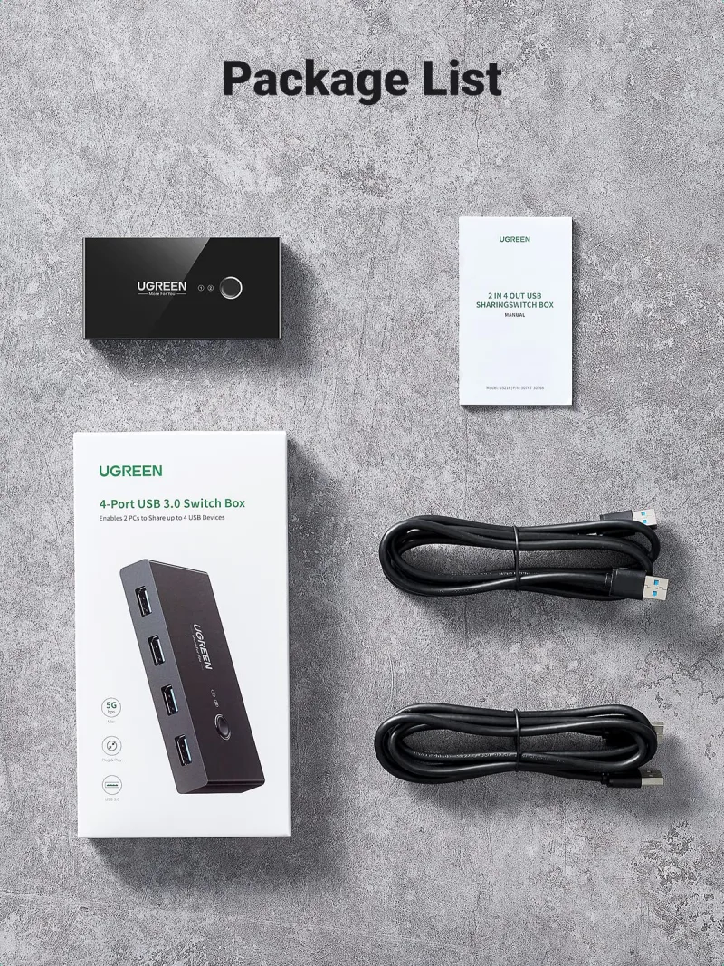 UGREEN USB 3.0 Switch 4-Port Dengan 2 Pack Kabel USB Male