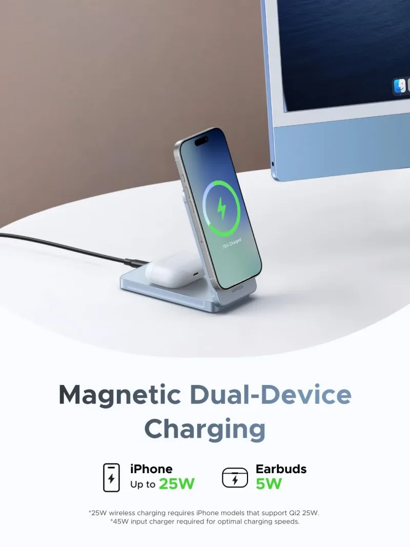 UGREEN MagFlow 2-in-1 자기 무선 충전기 25W (MagSafe 호환)