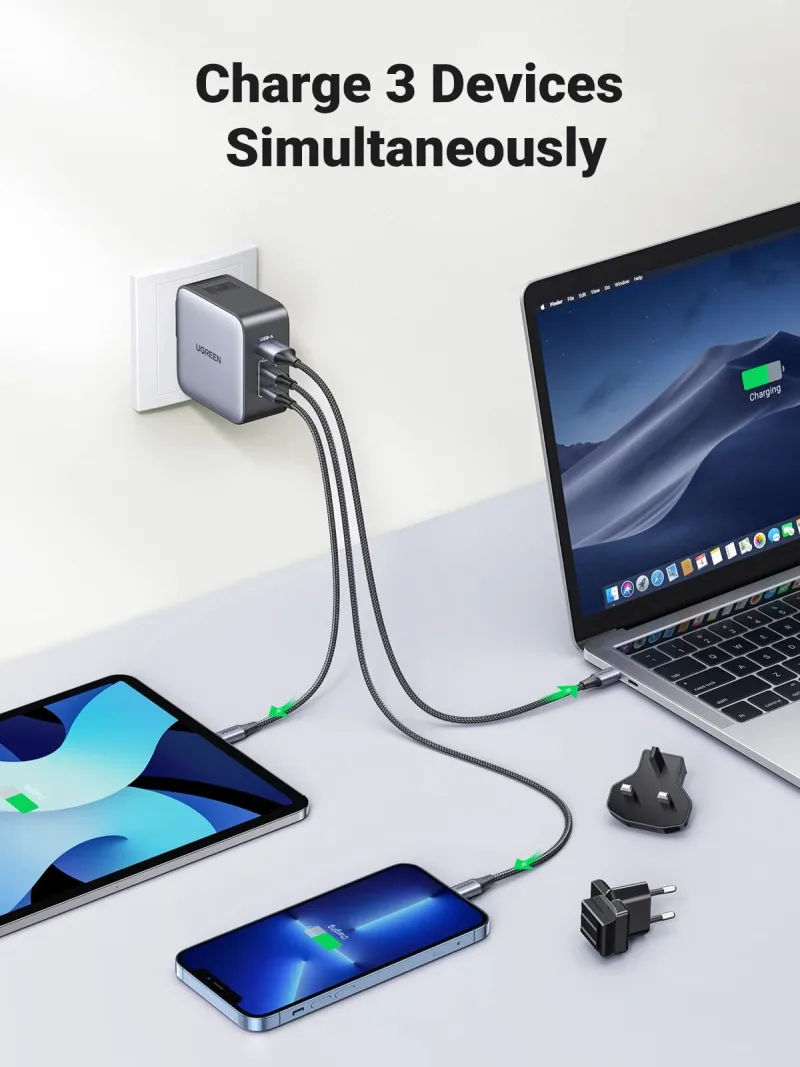 UGREEN Nexode 65W 3-port rejseoplader med US/UK/EU-stik