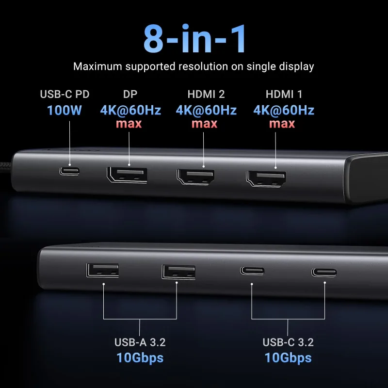 UGREEN 8-i-1 USB-C-dockningsstation med dubbla skärmar