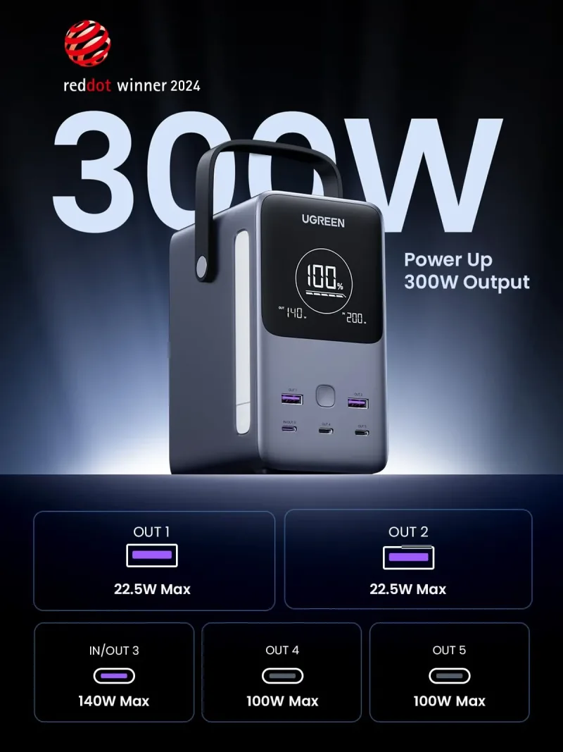 UGREEN 휴대용 파워 스테이션 48000mAh 300W (스마트 디지털 디스플레이 탑재)