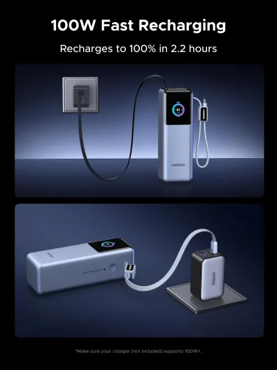 UGREEN 200W Powerbank 25000mAh Snabbladdning med inbyggd kabel