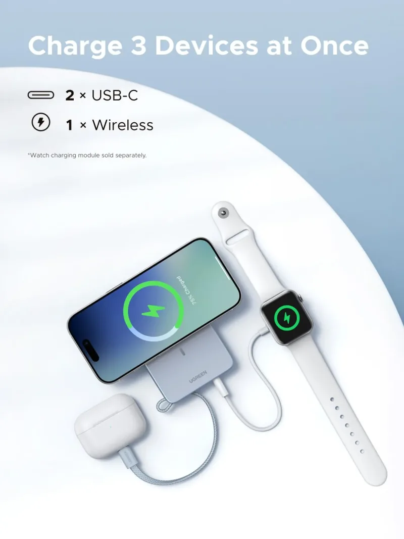 Power Bank Magnético Sem Fios UGREEN MagFlow 10000mAh Qi2 25W