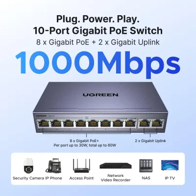 UGREEN Ethernet-switch, 10-port PoE-switch, 8 PoE+@60W og 2 Gigabit Uplink, Plug & Play, Auto/VLAN/Extend-tilstand, robust metal, netværkssplitter-hub til skrivebord eller vægmontering til overvågningskamera, IP-telefon