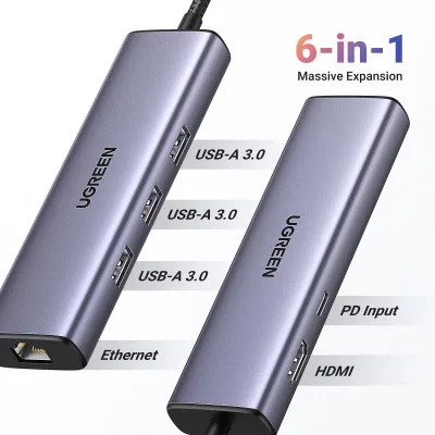 UGREEN Revodok 6-in-1 USB-C -keskitin Gigabit Ethernet -sovittimella ja 4K HDMI:llä