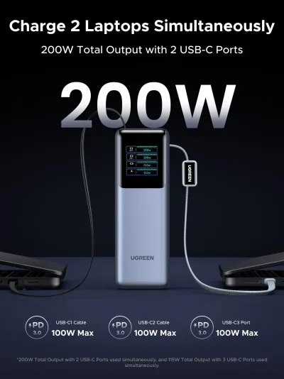 UGREEN 200W Powerbank 25000mAh Snabbladdning med inbyggd kabel