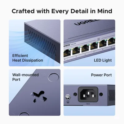 UGREEN Ethernet-switch, 10-port PoE-switch, 8 PoE+@60W og 2 Gigabit Uplink, Plug & Play, Auto/VLAN/Extend-tilstand, robust metal, netværkssplitter-hub til skrivebord eller vægmontering til overvågningskamera, IP-telefon