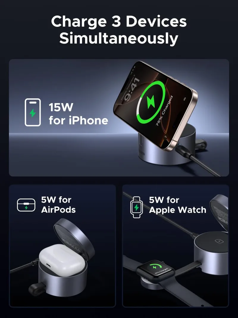 UGREEN UNO 3-in-1 Magnetisches kabelloses Ladegerät 25W (MagSafe-kompatibel)