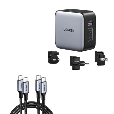 UGREEN Nexode 65W 3-port rejseoplader med US/UK/EU-stik