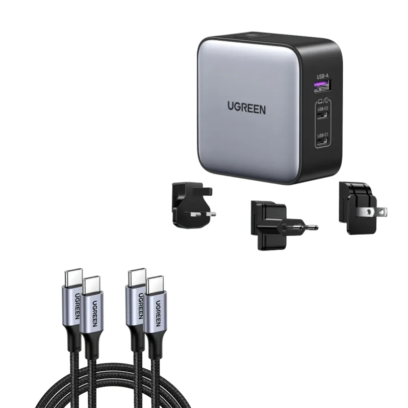 UGREEN Nexode 65W 3-port rejseoplader med US/UK/EU-stik