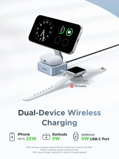 UGREEN MagFlow Pengisi Daya Nirkabel Magnetik 2-in-1 (Qi2 25W, Kompatibel dengan MagSafe)