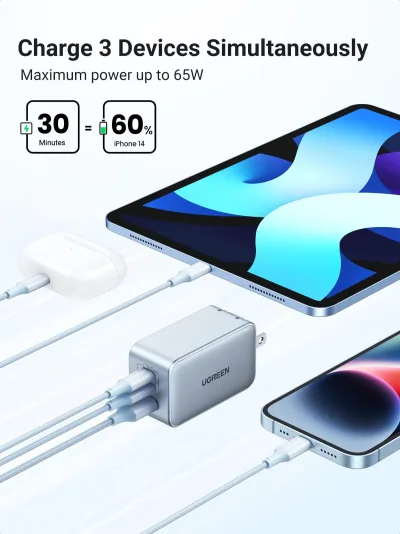 UGREEN Nexode 65W USB C GaN Oplader-3 Porte Vægoplader Bundle