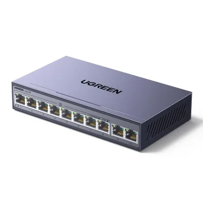 UGREEN Ethernet-switch, 10-port PoE-switch, 8 PoE+@60W og 2 Gigabit Uplink, Plug & Play, Auto/VLAN/Extend-tilstand, robust metal, netværkssplitter-hub til skrivebord eller vægmontering til overvågningskamera, IP-telefon