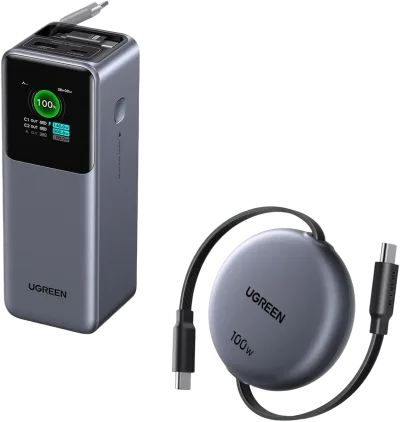 (번들) UGREEN Nexode 20000mAh 165W 보조배터리 + 100W 리트랙터블 USB-C 케이블
