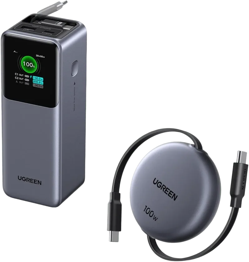 (번들) UGREEN Nexode 20000mAh 165W 보조배터리 + 100W 리트랙터블 USB-C 케이블