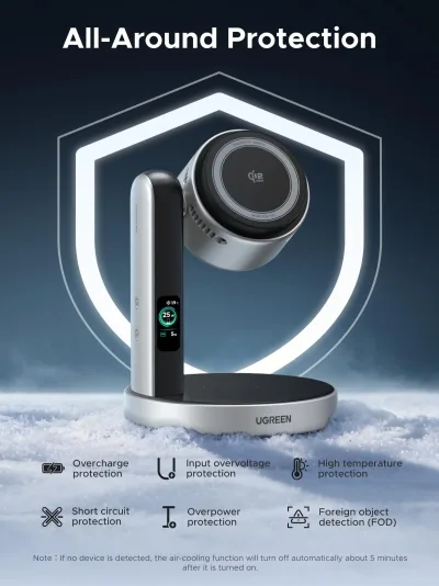 Cargador inalámbrico 2 en 1 UGREEN MagFlow Pro Qi2 25W con refrigeración