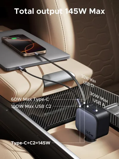 UGREEN Nexode biloplader 145W med indbygget USB-C-kabel