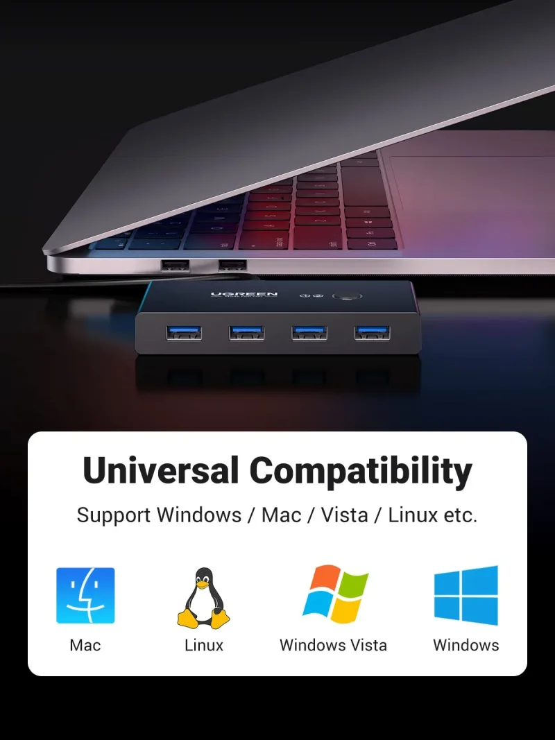 UGREEN Switch USB 3.0 4 ports avec 2 câbles USB mâles
