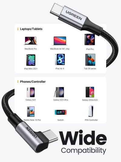 UGREEN 100W USB-C-kabel 90 graders Type-C-laddningskabel 10FT