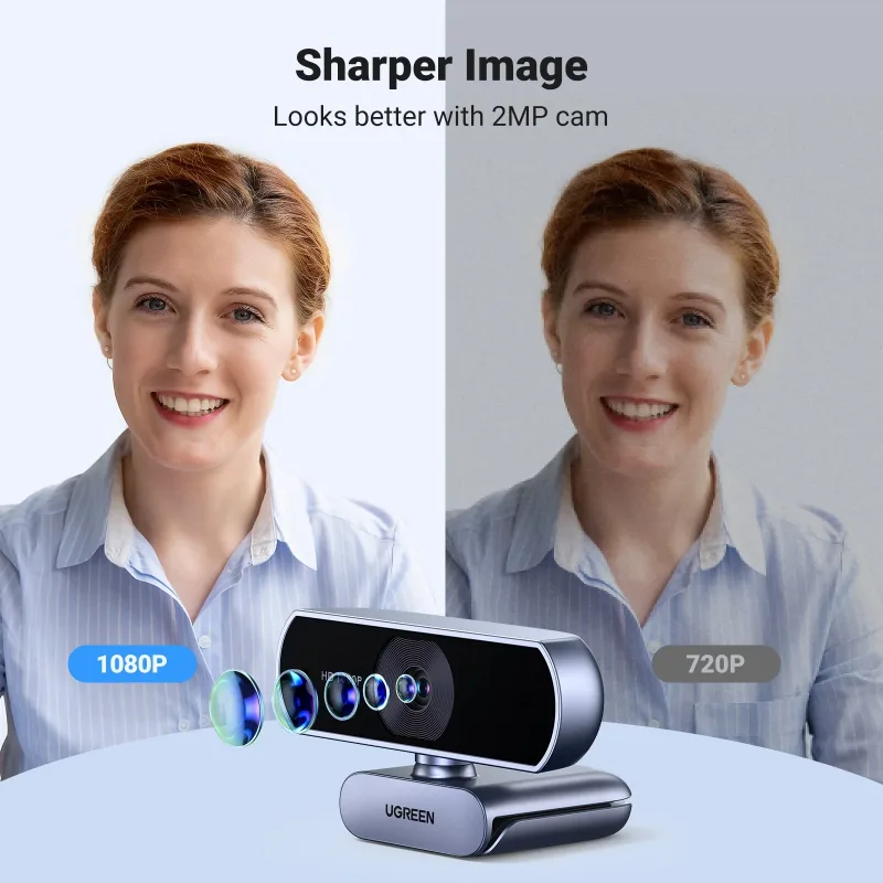 Webcam UGREEN, Webcam 1080P@30FPS con 2 microfoni con cancellazione del rumore, Plug and Play, correzione automatica della luce, webcam USB con campo visivo di 85°