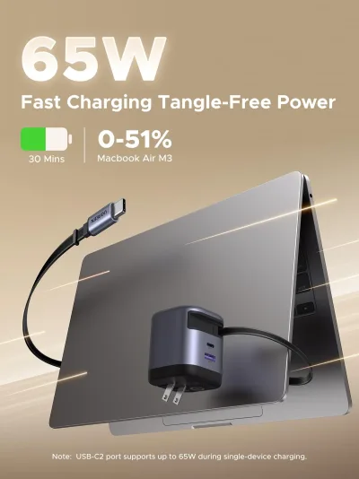 UGREEN Nexode 65W-lader met intrekbare USB-C-kabel