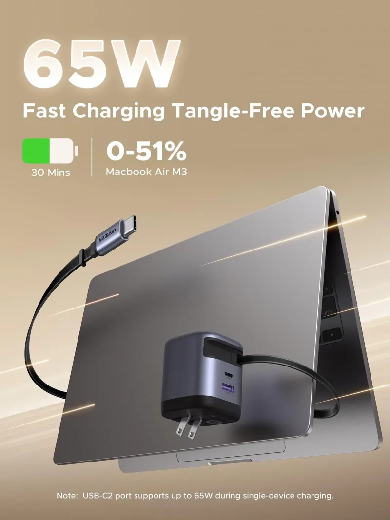 UGREEN Nexode 65W-lader met intrekbare USB-C-kabel