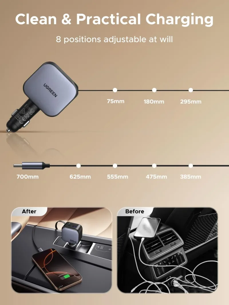 UGREEN Nexode Car Charger 90W with Retractable USB-C Cable