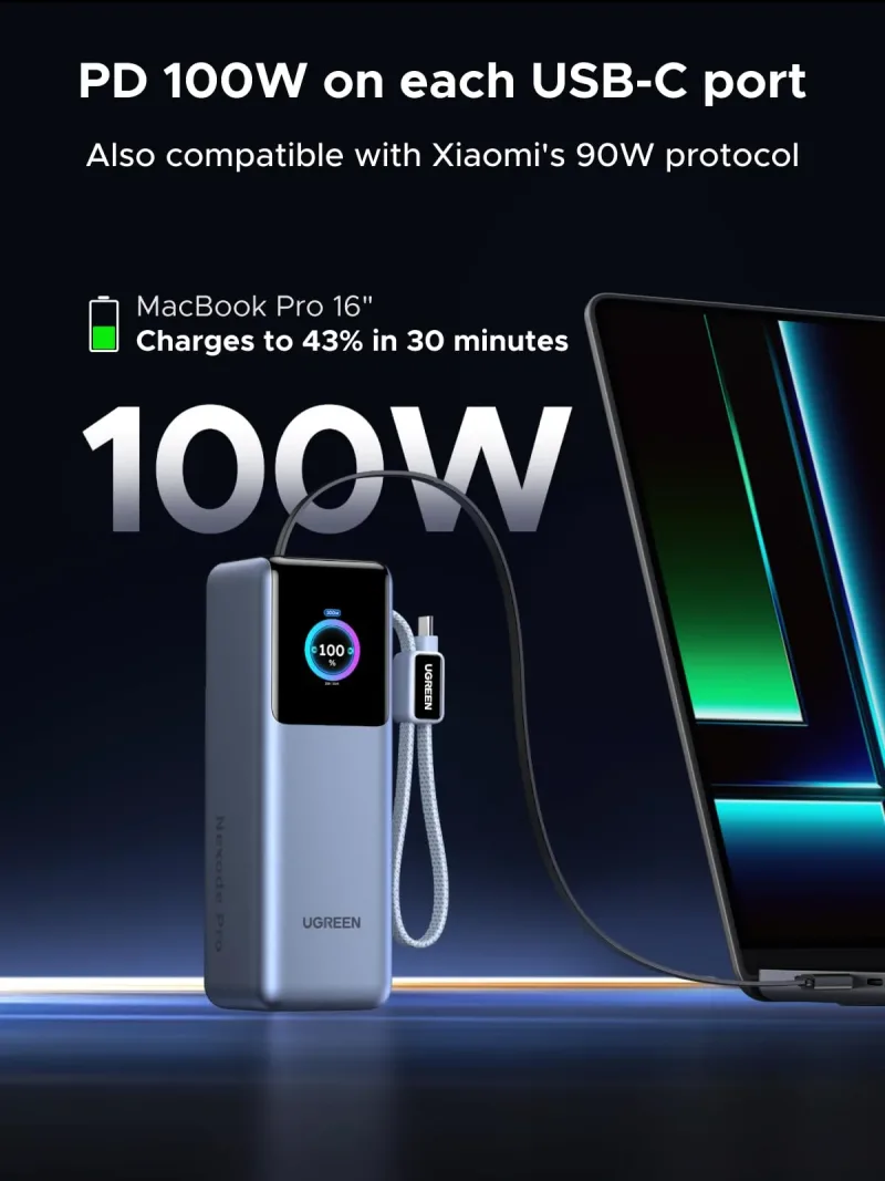 UGREEN 200W Powerbank 25000mAh Snabbladdning med inbyggd kabel