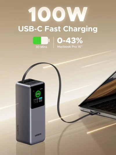(번들) UGREEN Nexode 20000mAh 165W 보조배터리 + 100W 리트랙터블 USB-C 케이블