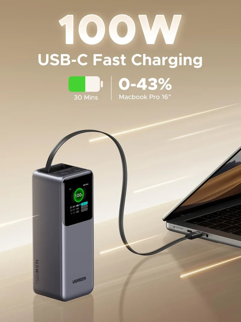 (번들) UGREEN Nexode 20000mAh 165W 보조배터리 + 100W 리트랙터블 USB-C 케이블