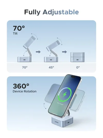 UGREEN MagFlow Pengisi Daya Nirkabel Magnetik 2-in-1 (Qi2 25W, Kompatibel dengan MagSafe)