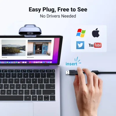 Webcam UGREEN, Webcam 1080P@30FPS con 2 microfoni con cancellazione del rumore, Plug and Play, correzione automatica della luce, webcam USB con campo visivo di 85°
