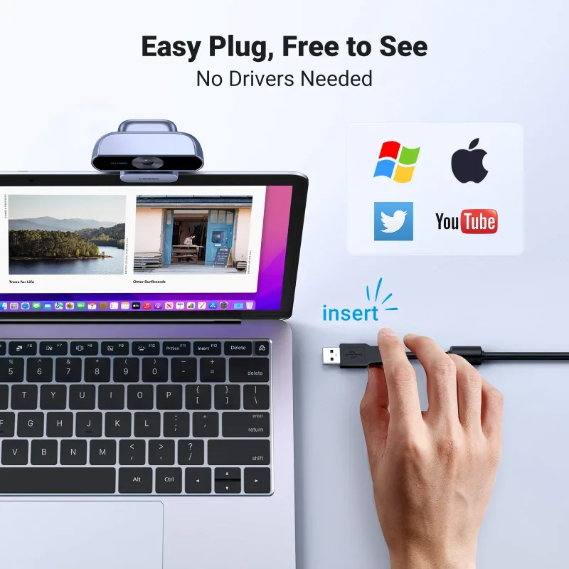 Webcam UGREEN, Webcam 1080P@30FPS con 2 microfoni con cancellazione del rumore, Plug and Play, correzione automatica della luce, webcam USB con campo visivo di 85°