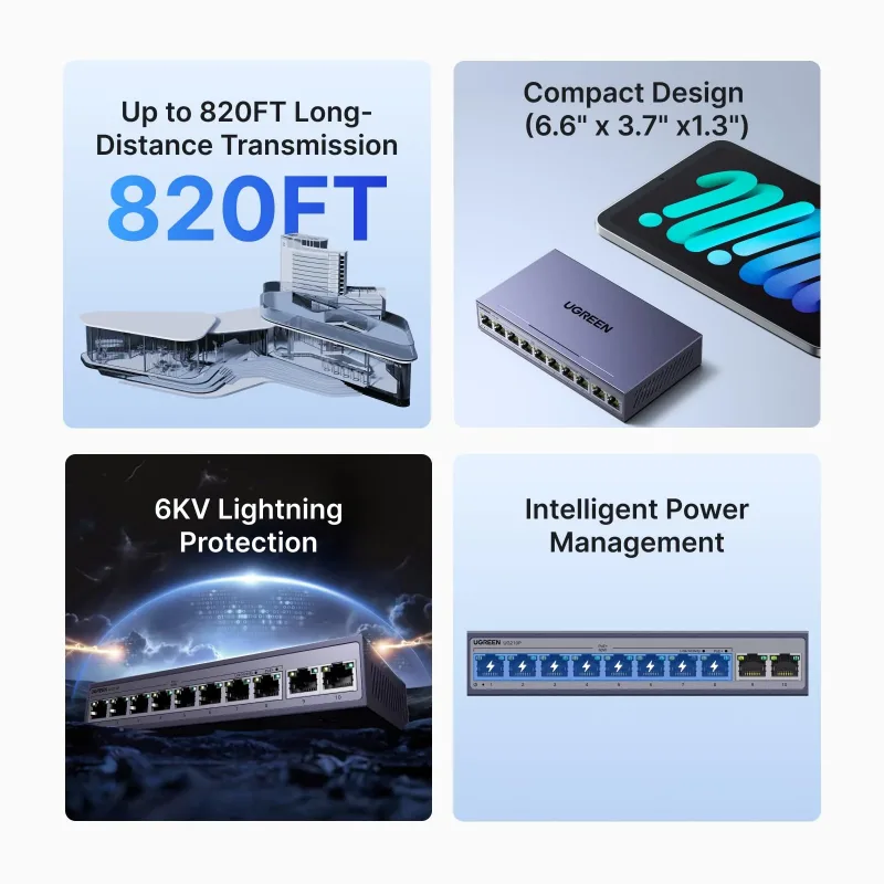 UGREEN Ethernet-switch, 10-port PoE-switch, 8 PoE+@60W og 2 Gigabit Uplink, Plug & Play, Auto/VLAN/Extend-tilstand, robust metal, netværkssplitter-hub til skrivebord eller vægmontering til overvågningskamera, IP-telefon